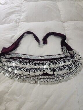Belly lady Belly Dance Hip Scarf, Multi-Row Silver Coin Dance Skirt, burgandy